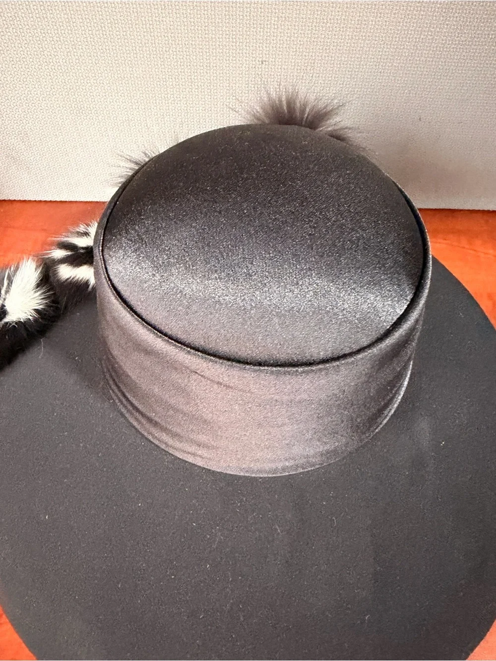ML Studio Black Wide-Brim Wool Hat with Black & White Fur Pom Details